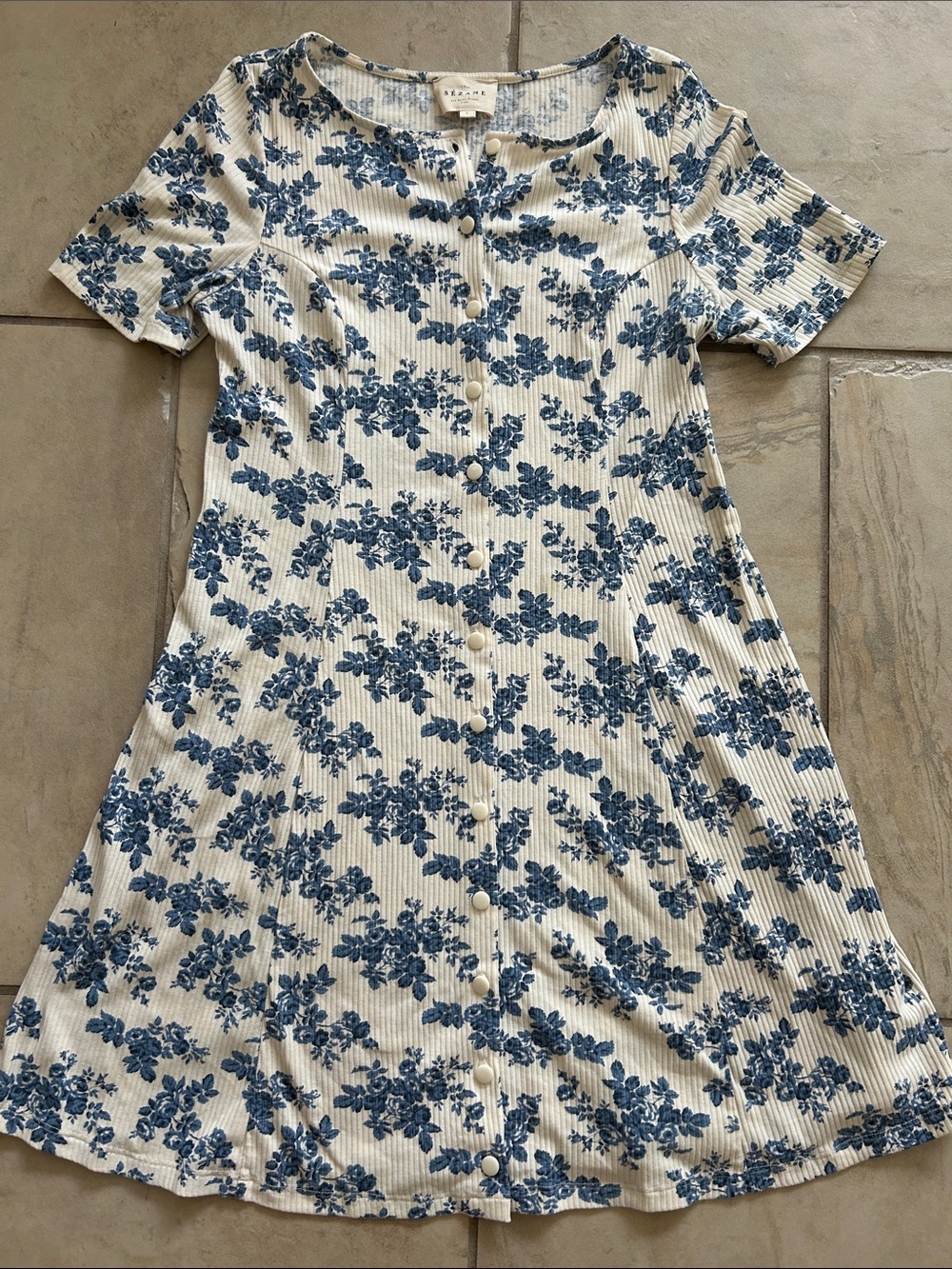 Sezane Cream Dress with Blue Floral Print